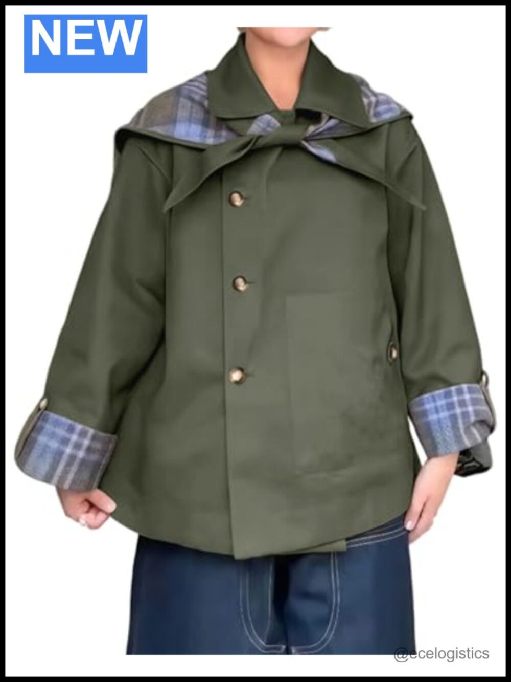 Reversible Plaid Trench Coat Notch Collar Oversized Jacket with Pockets